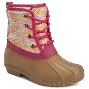 GIRLS MULTI SEQUINS PU DUCK BOOT WITH LACE